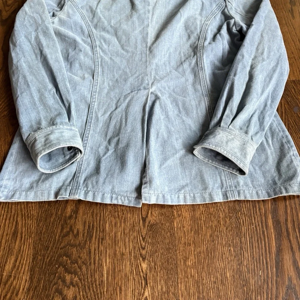 Vtg 70s Denim Safari Jacket Hong Kong Dagger Collar Epaulettes Workwear Coat 42